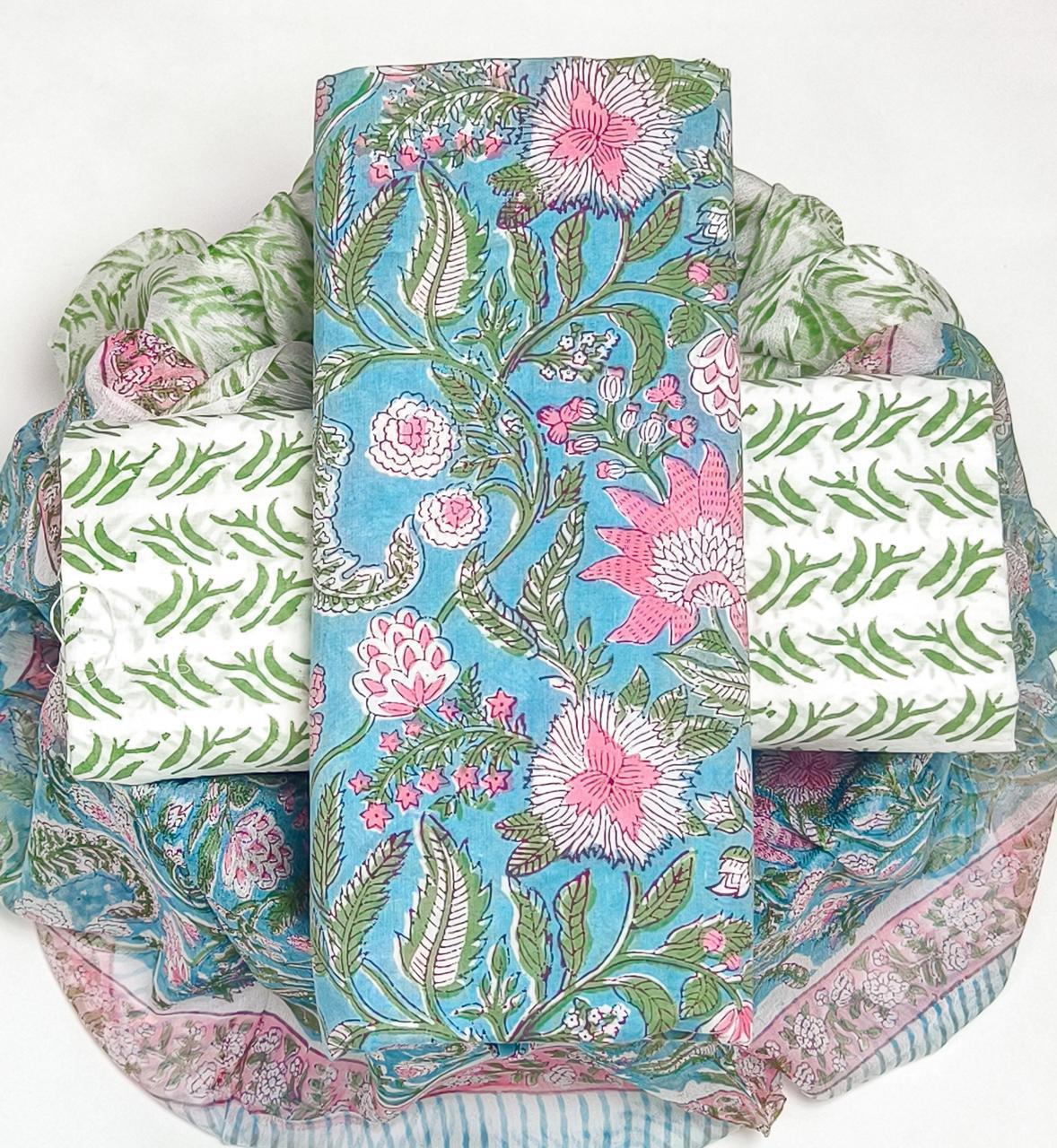 Pure Cotton Hand Block Printed Suit Set With Chiffon Dupatta