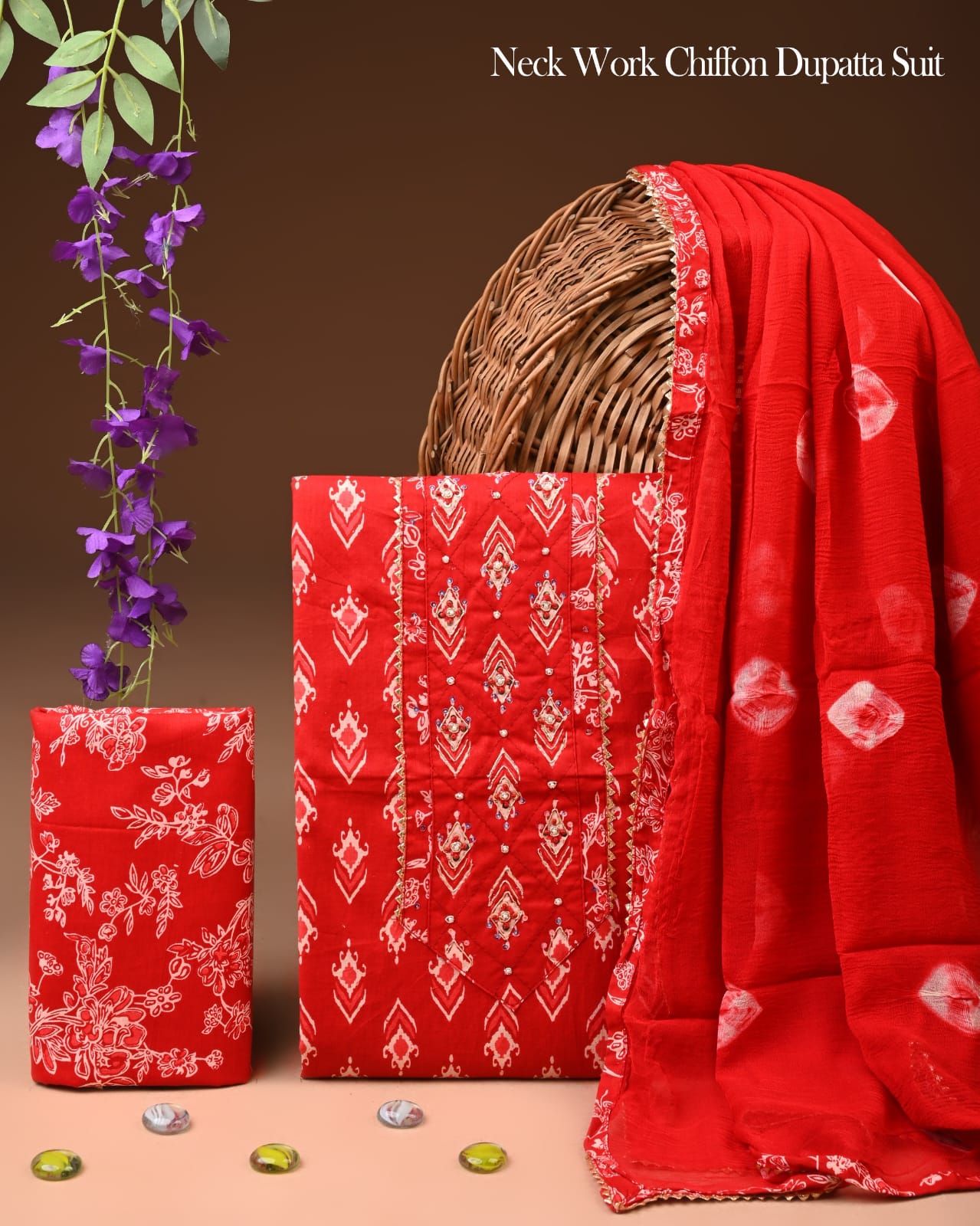 Premium Gota Patti Work Cotton Suit Set With Chiffon Dupatta