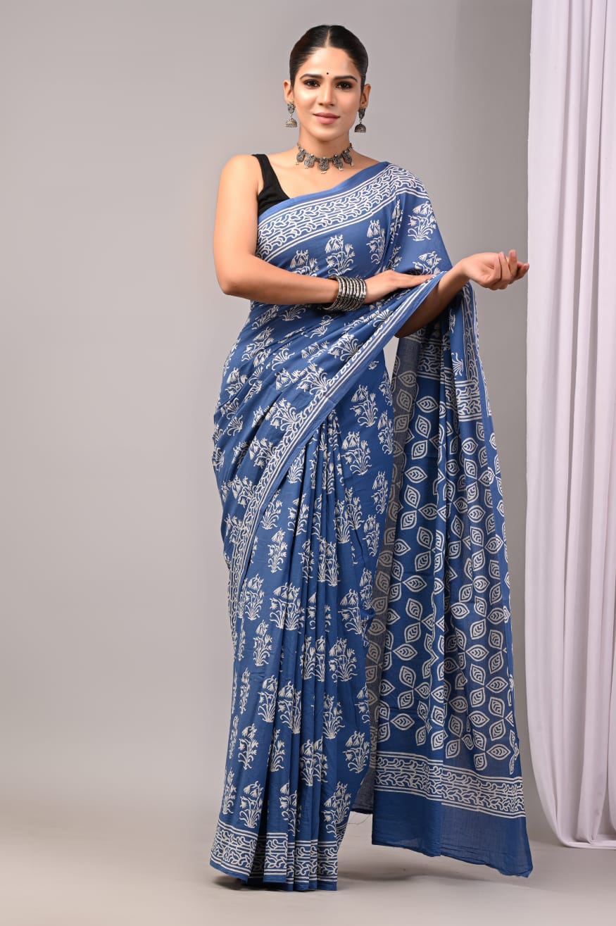 Pure Soft Cotton Handblock Printed Saree With Blouse
