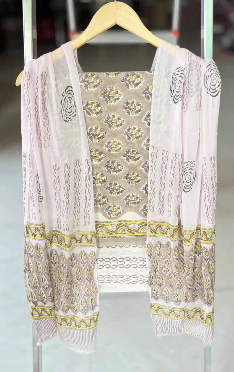 Pure Cotton Hand Block Printed Suit Set With Chiffon Dupatta