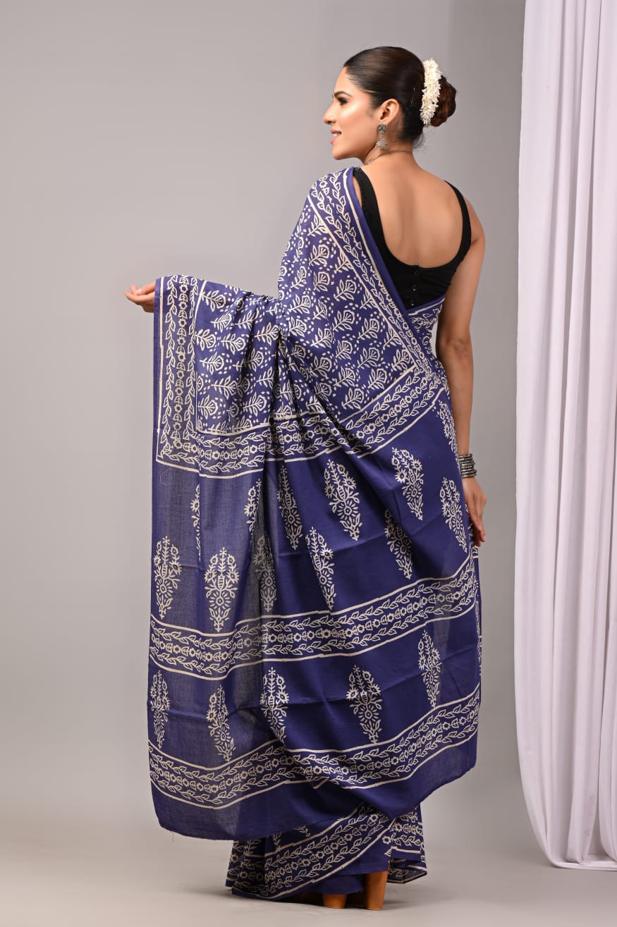 Pure Soft Cotton Handblock Printed Saree With Blouse