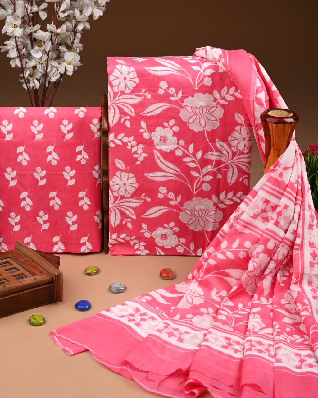 Designer Hand Block Printed Cotton Suit Set With Cotton Dupatta
