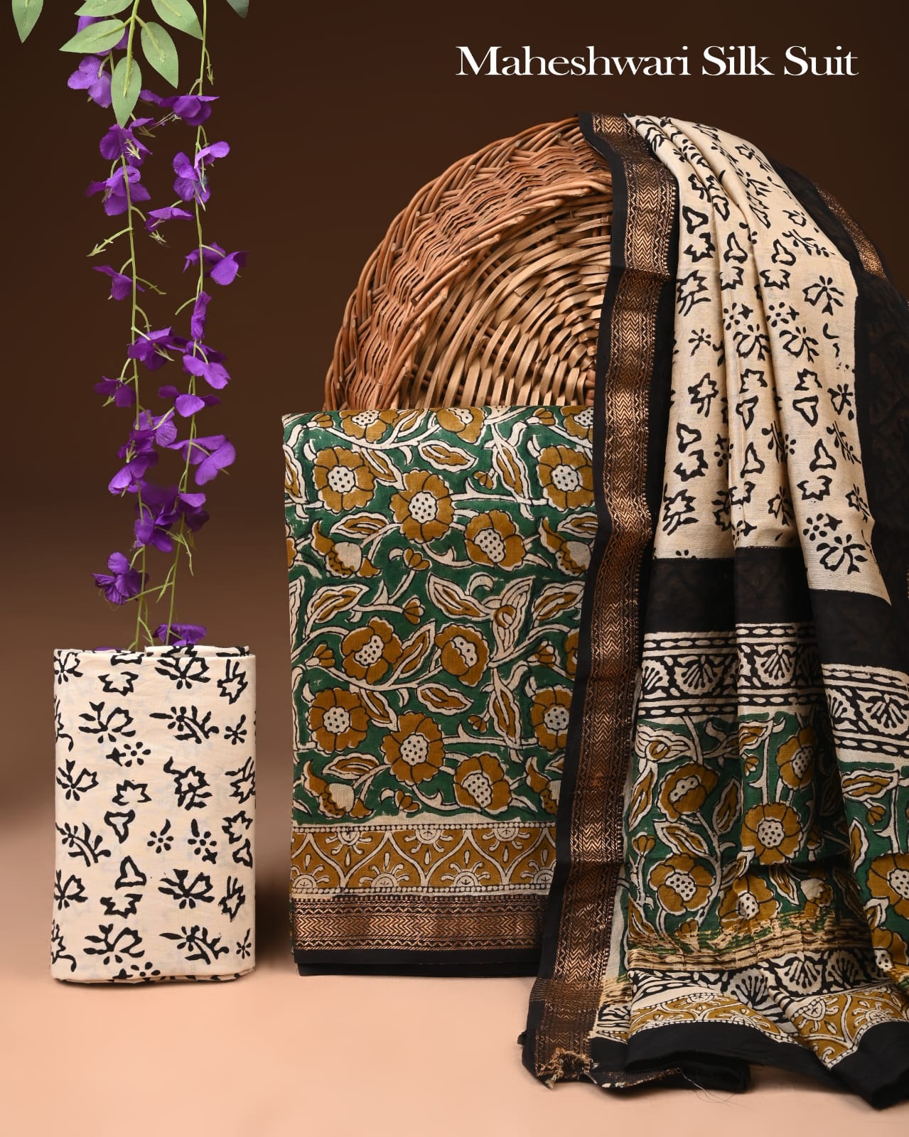 Premium Designer Handblock Printed Maheshwari Silk Suit Set