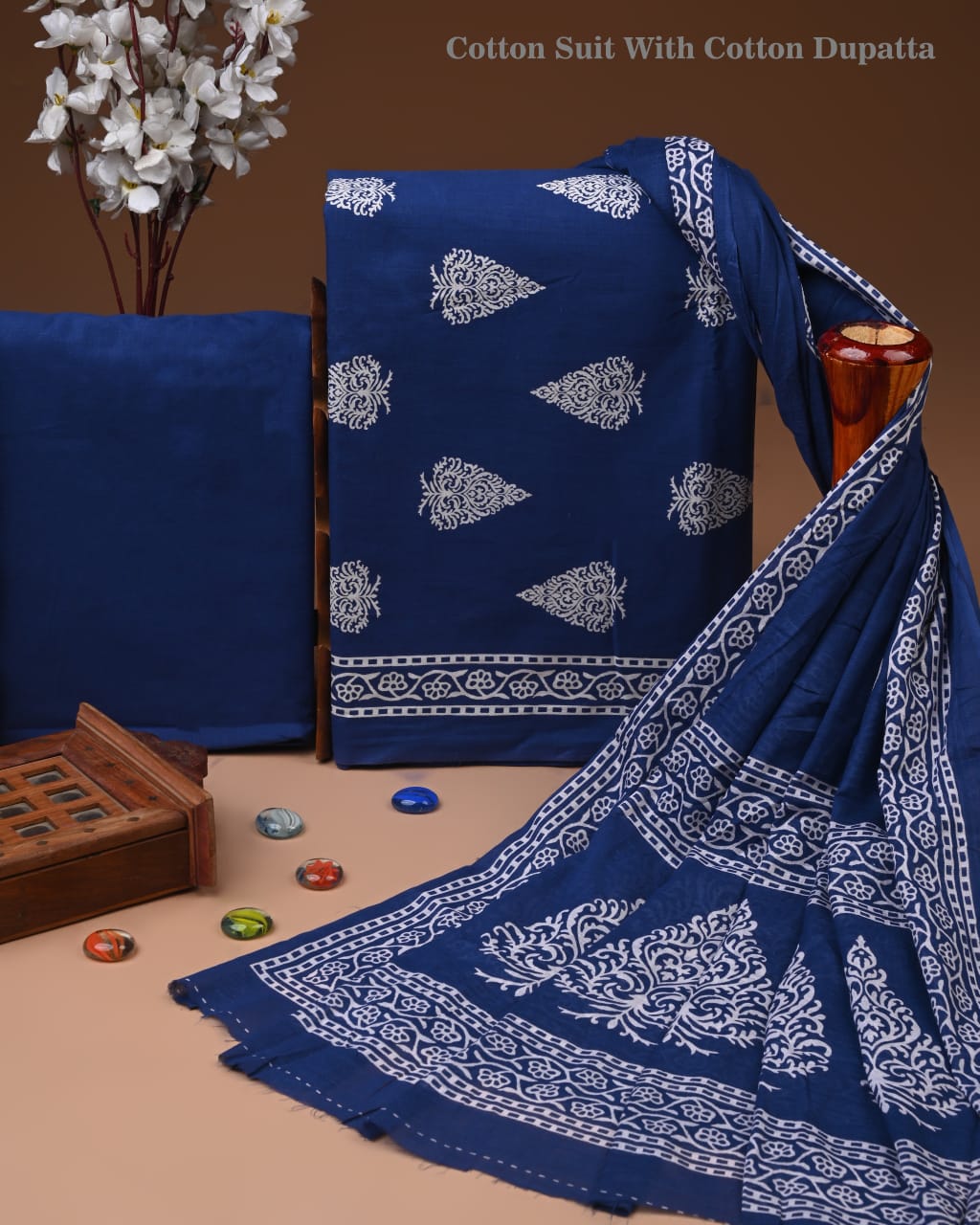 Designer Hand Block Printed Cotton Suit Set With Cotton Dupatta