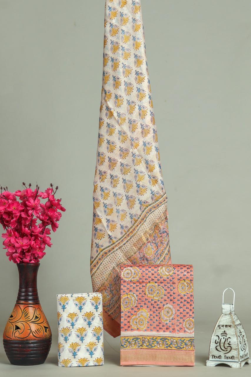 Premium Designer Handblock Printed Maheshwari Silk Suit Set