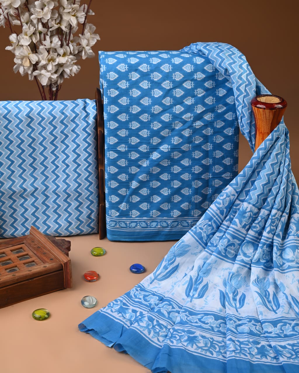 Designer Hand Block Printed Cotton Suit Set With Cotton Dupatta
