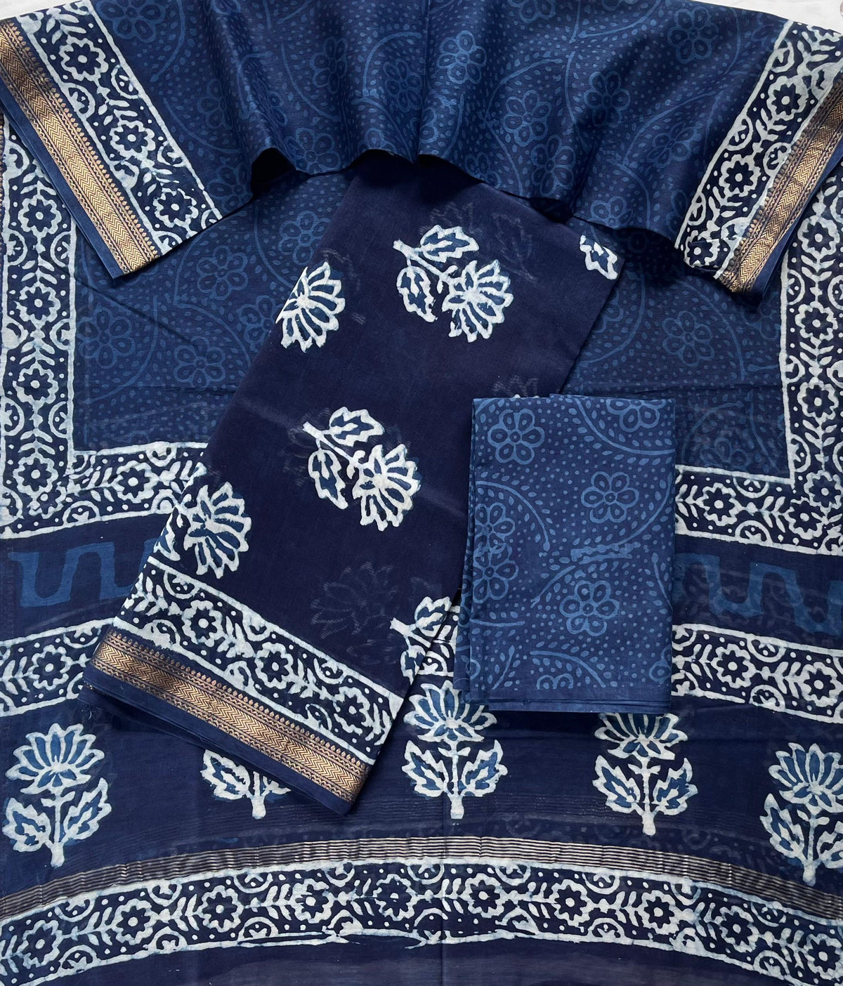 Premium Designer Handblock Printed Maheshwari Silk Suit Set
