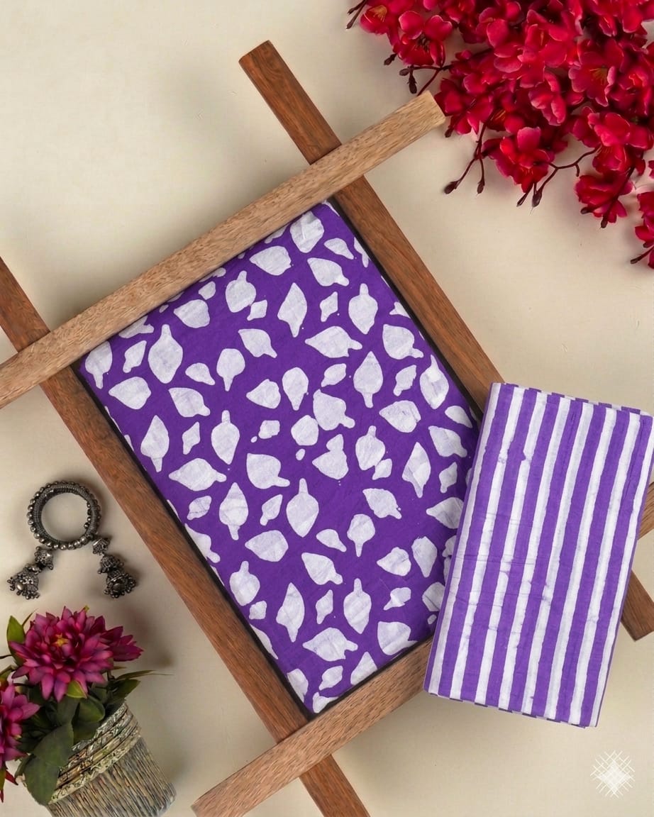 Pure Soft Cotton Handblock Printed 2PC Top-Bottom Suit Set (2.50 Meter Each)