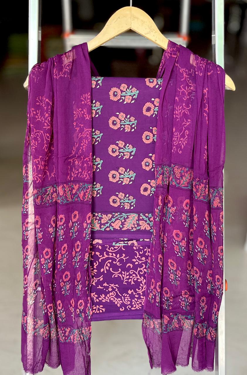 Pure Cotton Hand Block Printed Suit Set With Chiffon Dupatta