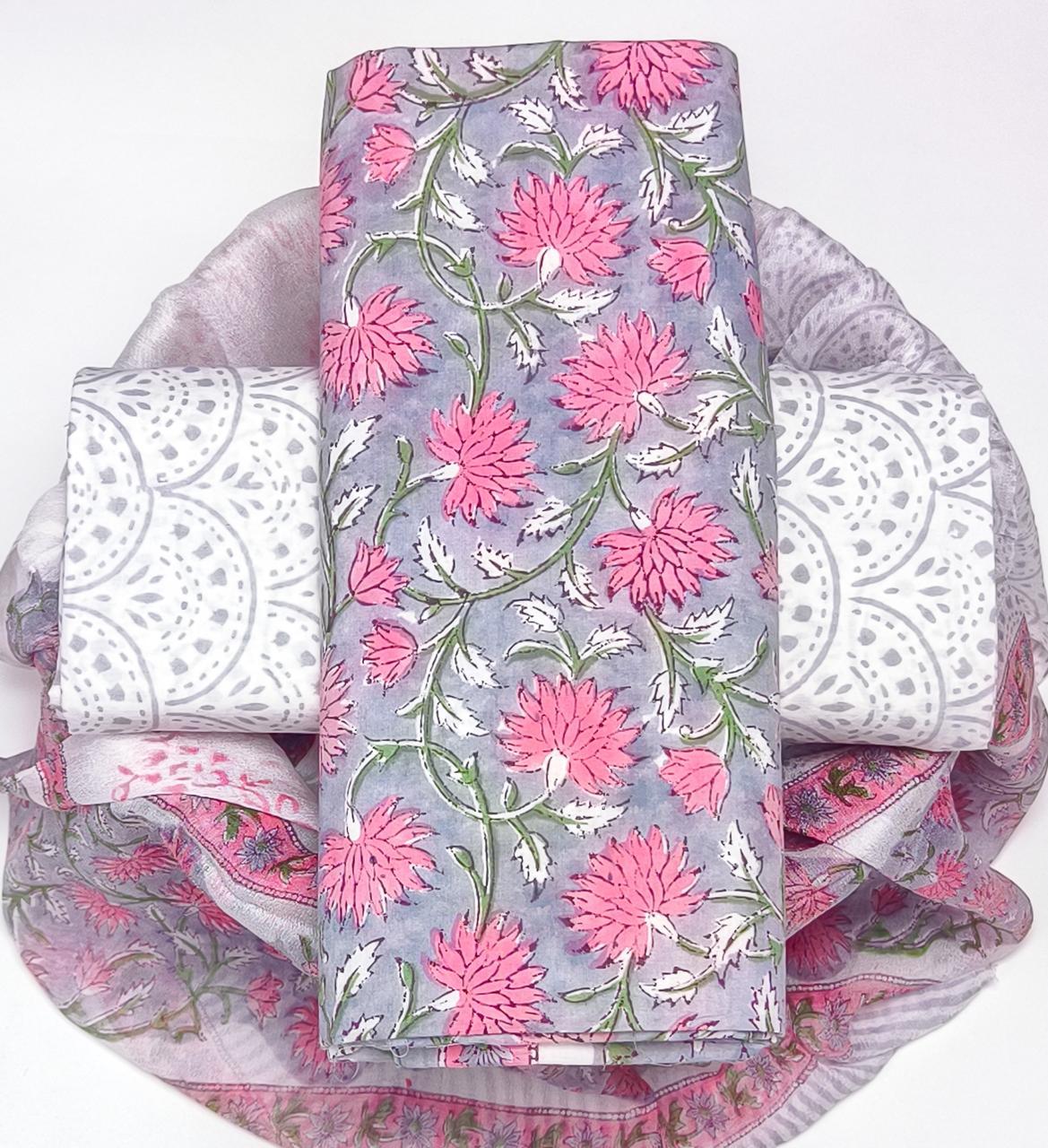 Pure Cotton Hand Block Printed Suit Set With Chiffon Dupatta