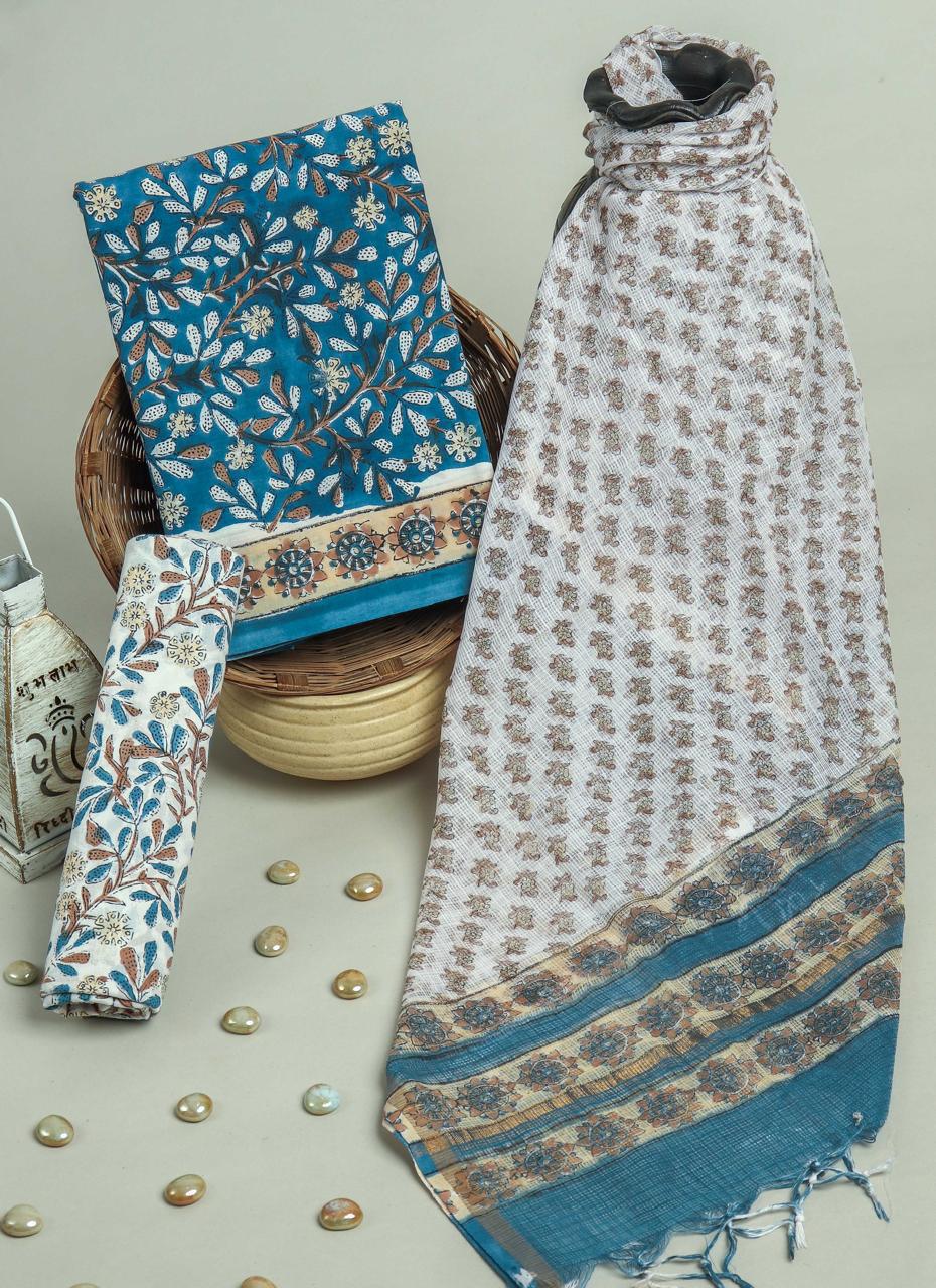 Pure Cotton Hand Block Printed Suit Set With Kota Doria Dupatta
