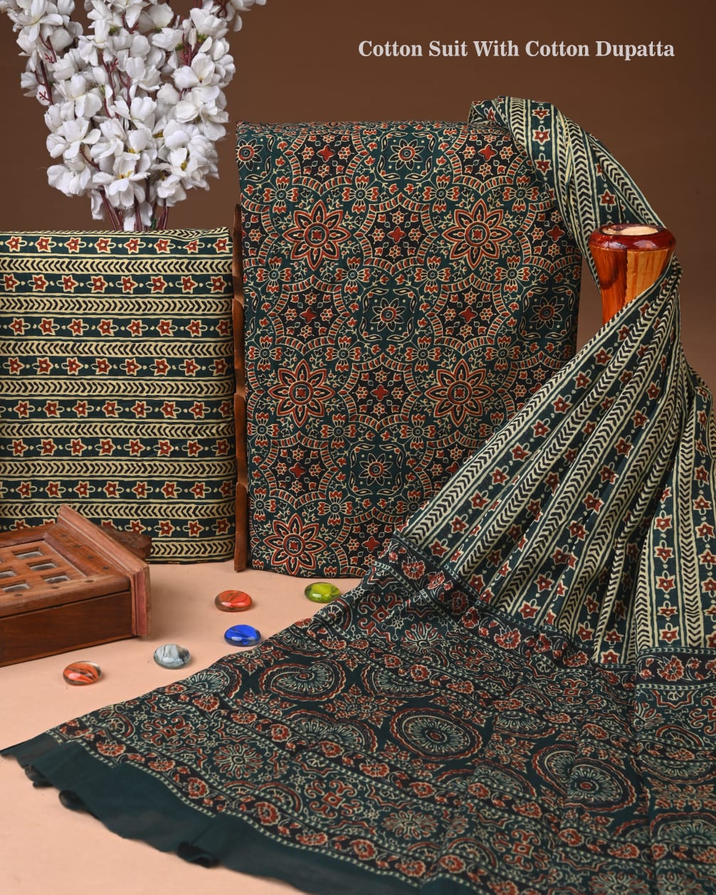 Designer Hand Block Printed Cotton Suit Set With Cotton Dupatta