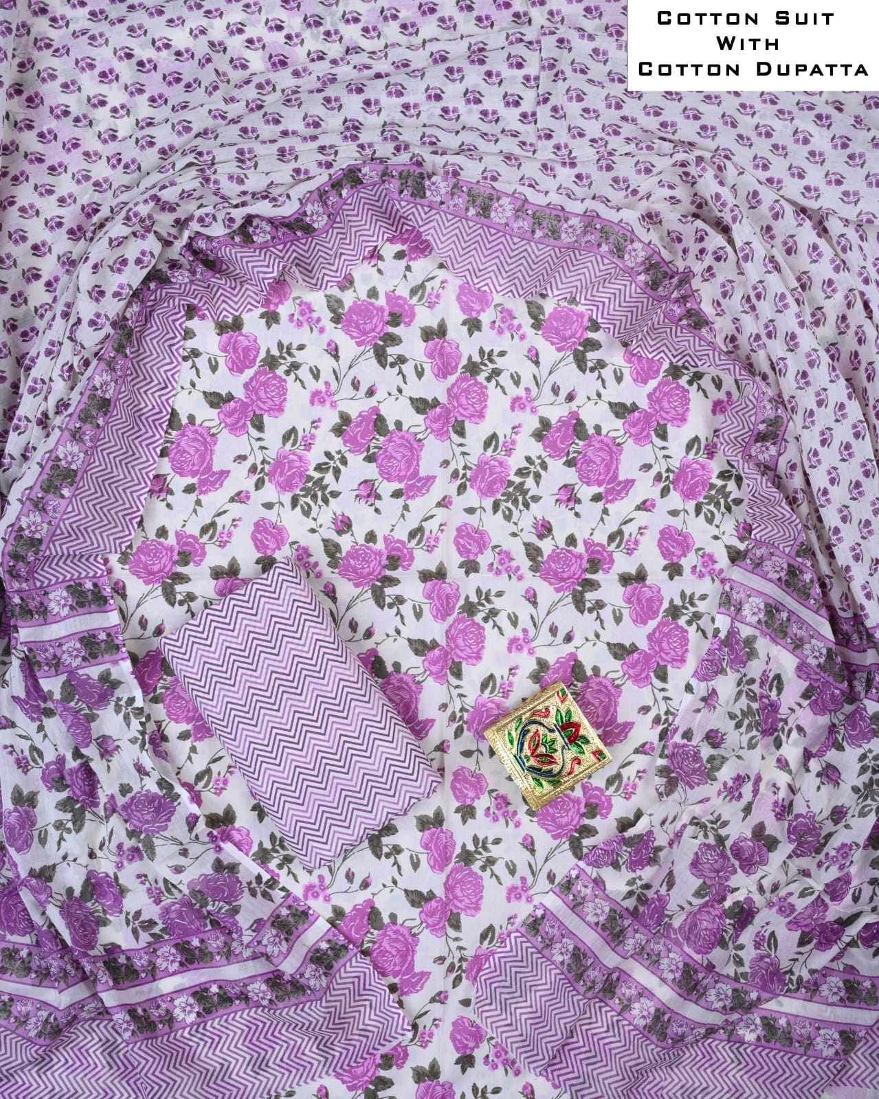 Designer Hand Block Printed Cotton Suit Set With Cotton Dupatta