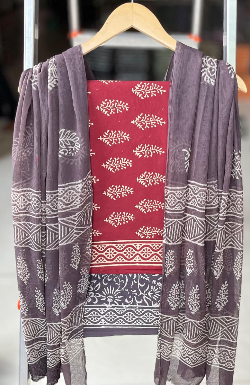 Pure Cotton Hand Block Printed Suit Set With Chiffon Dupatta
