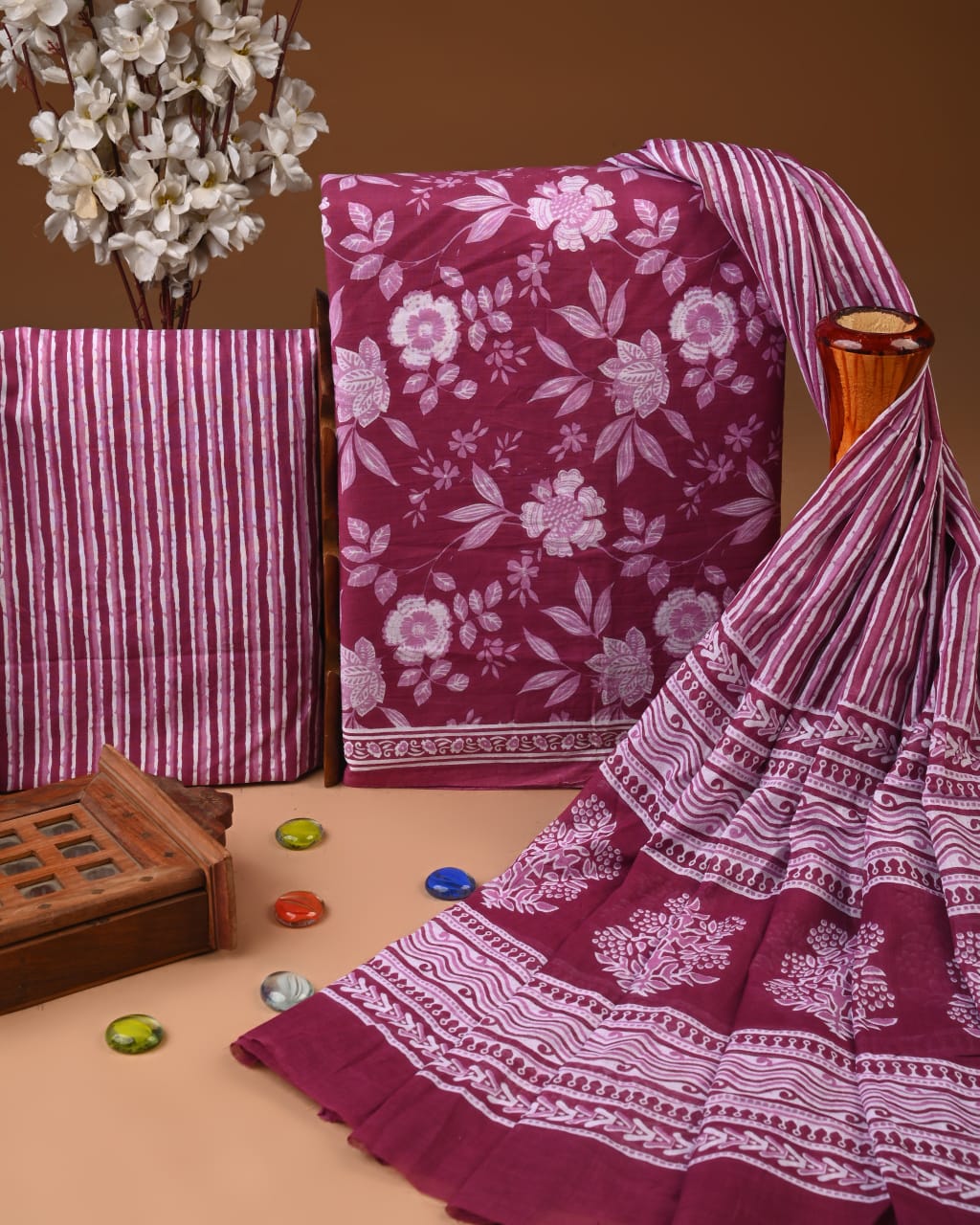 Designer Hand Block Printed Cotton Suit Set With Cotton Dupatta