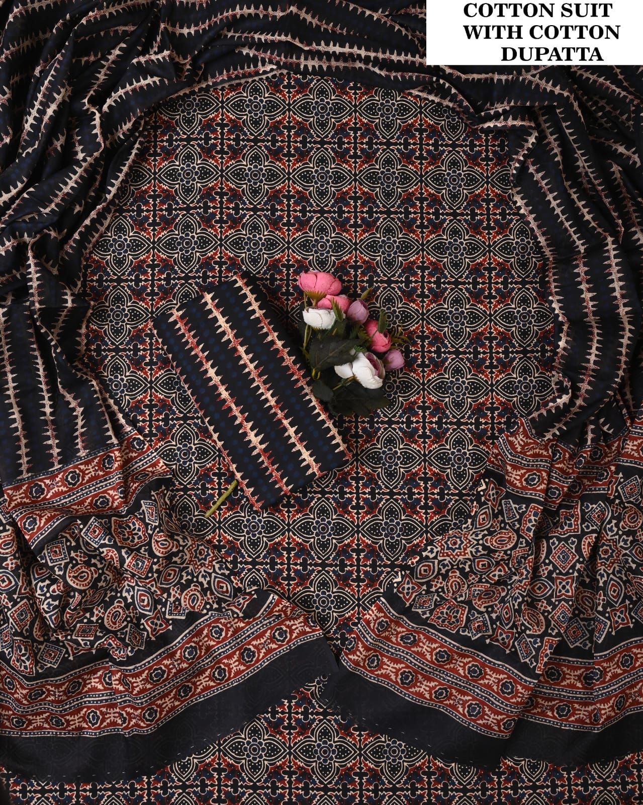 Designer Hand Block Printed Cotton Suit Set With Cotton Dupatta
