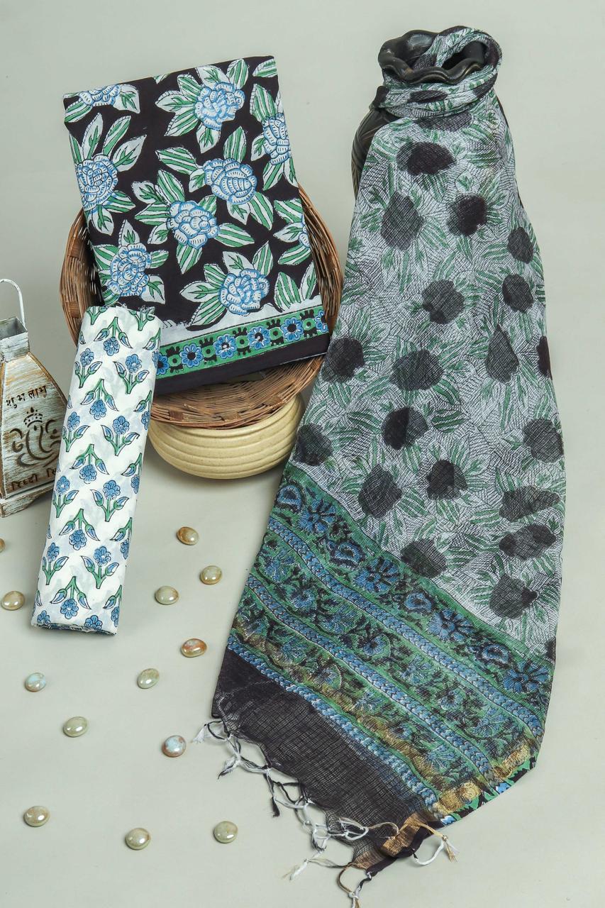 Pure Cotton Hand Block Printed Suit Set With Kota Doria Dupatta