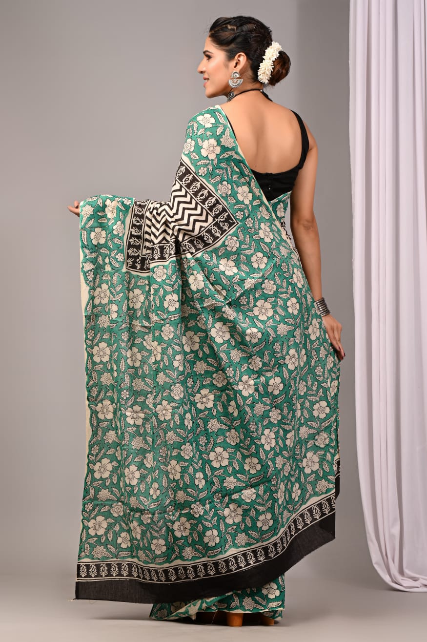Pure Soft Cotton Handblock Printed Saree With Blouse