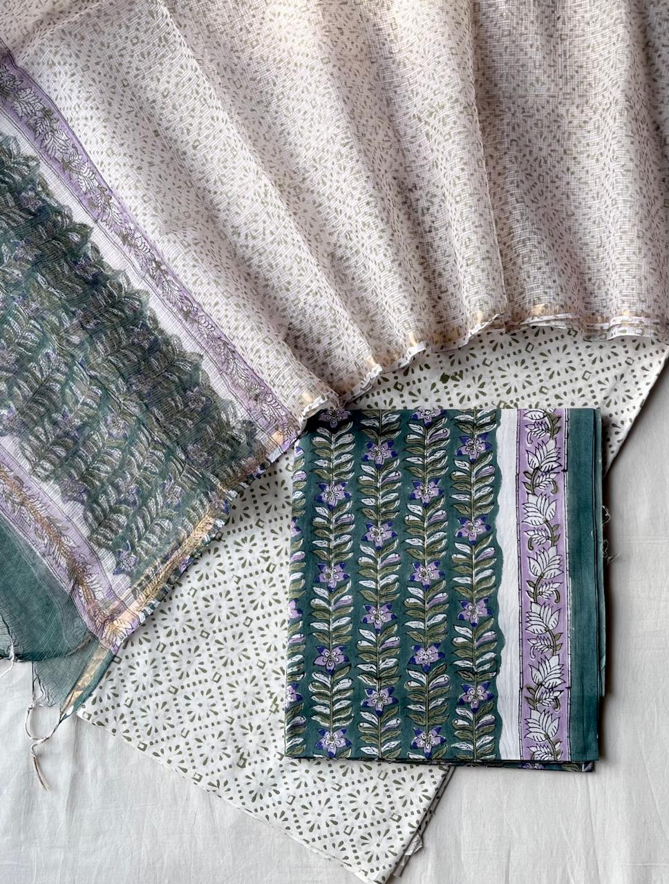Pure Cotton Hand Block Printed Suit Set With Kota Doria Dupatta