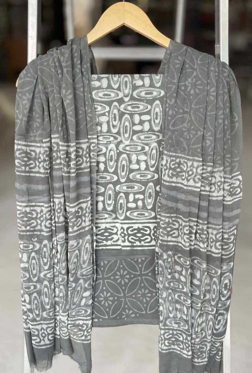 Pure Cotton Hand Block Printed Suit Set With Chiffon Dupatta