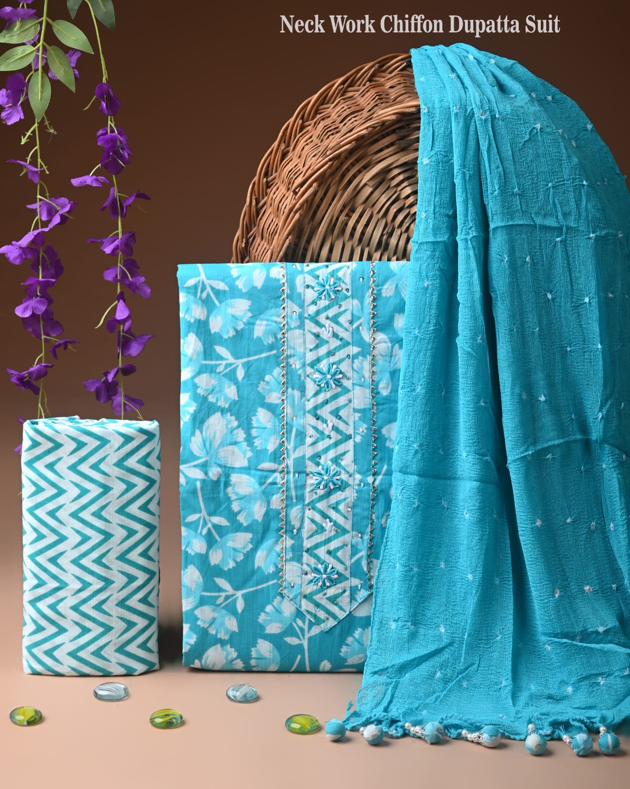 Premium Gota Patti Work Cotton Suit Set With Chiffon Dupatta