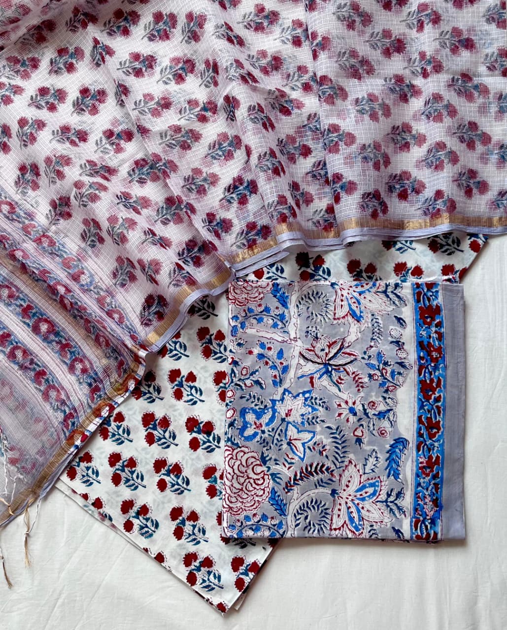 Pure Cotton Hand Block Printed Suit Set With Kota Doria Dupatta