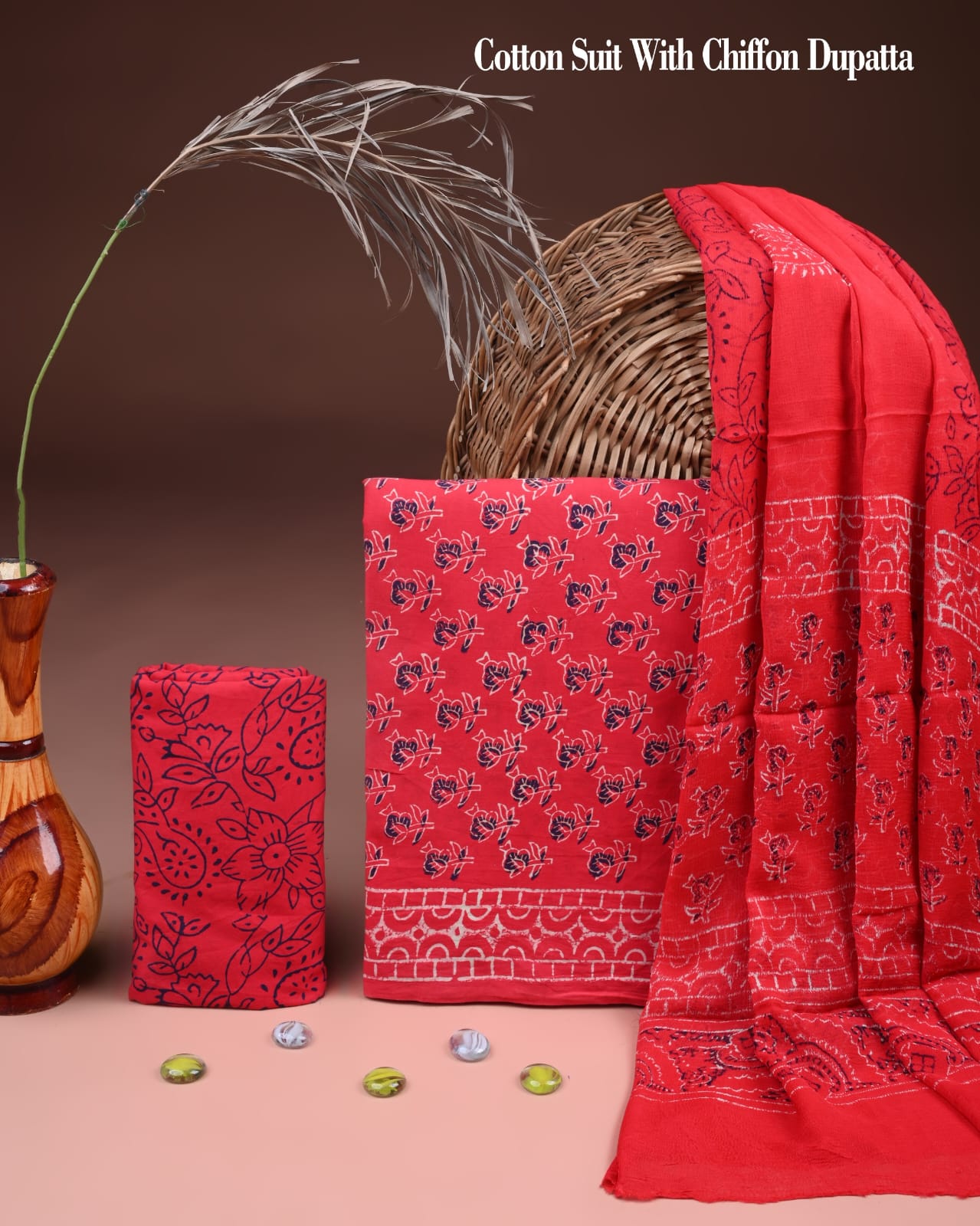 Pure Cotton Hand Block Printed Suit Set With Chiffon Dupatta