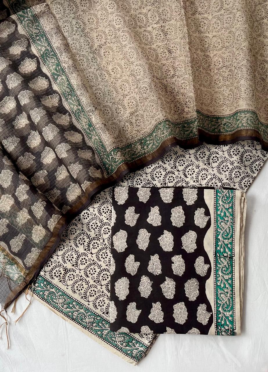 Pure Cotton Hand Block Printed Suit Set With Kota Doria Dupatta