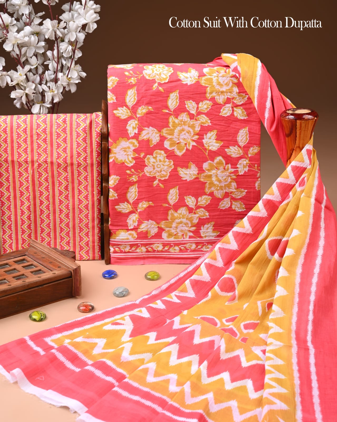Designer Hand Block Printed Cotton Suit Set With Cotton Dupatta
