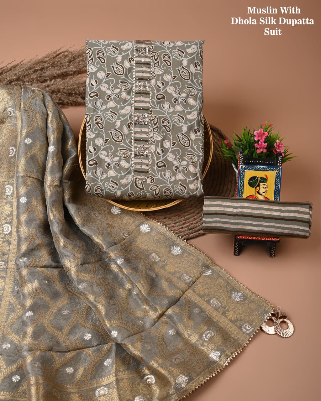 Premium Heavy Neck Work Dola Silk Suit Set
