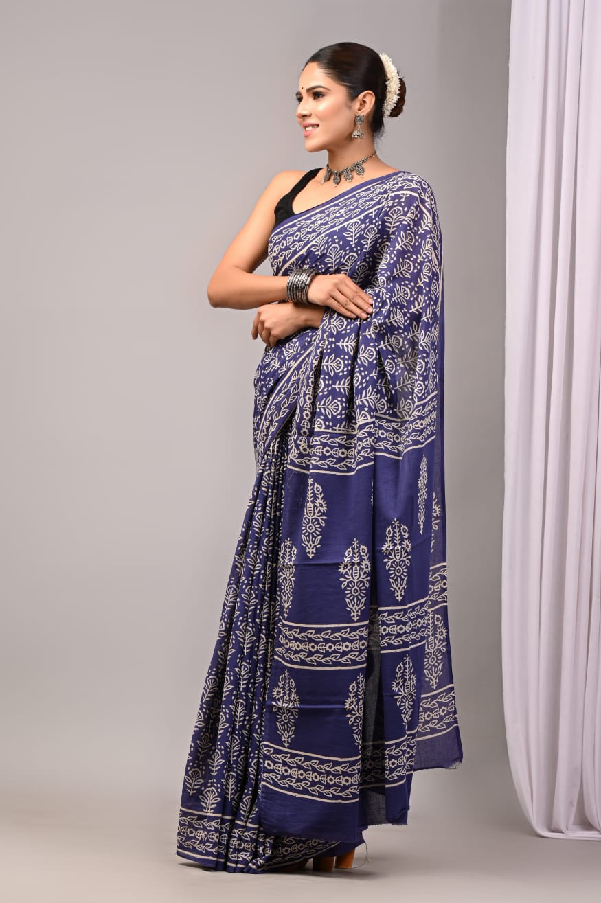 Pure Soft Cotton Handblock Printed Saree With Blouse
