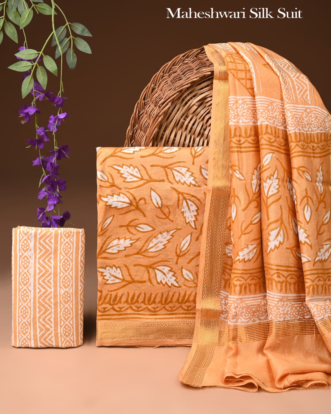 Premium Designer Handblock Printed Maheshwari Silk Suit Set