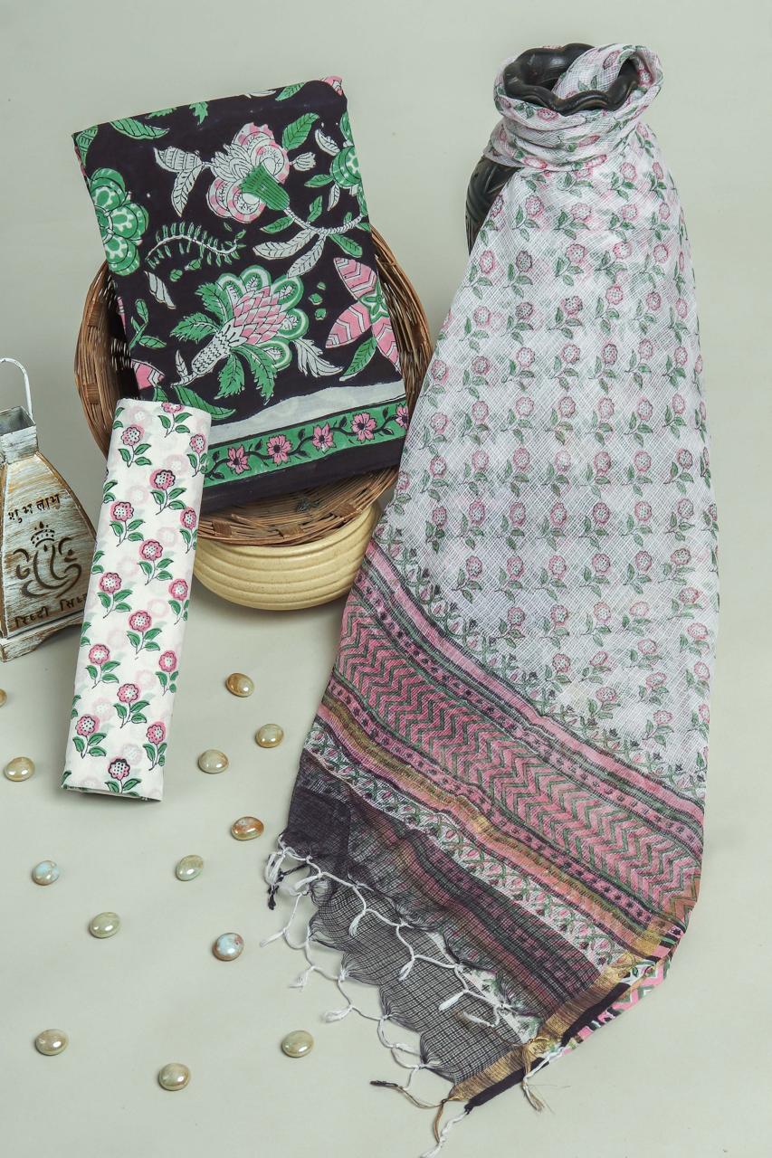 Pure Cotton Hand Block Printed Suit Set With Kota Doria Dupatta