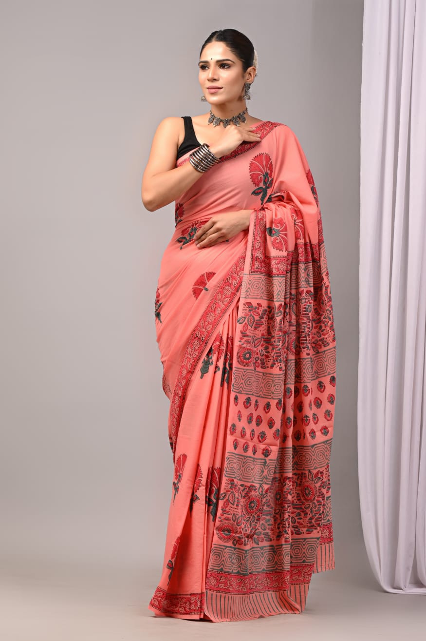 Pure Soft Cotton Handblock Printed Saree With Blouse