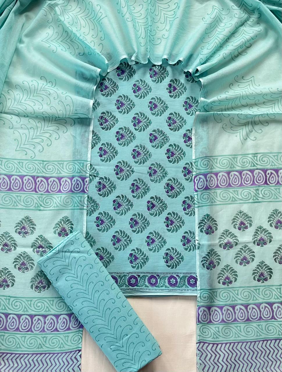 Pure Soft Cotton Hand Block Printed Suit Set With Cotton Dupatta