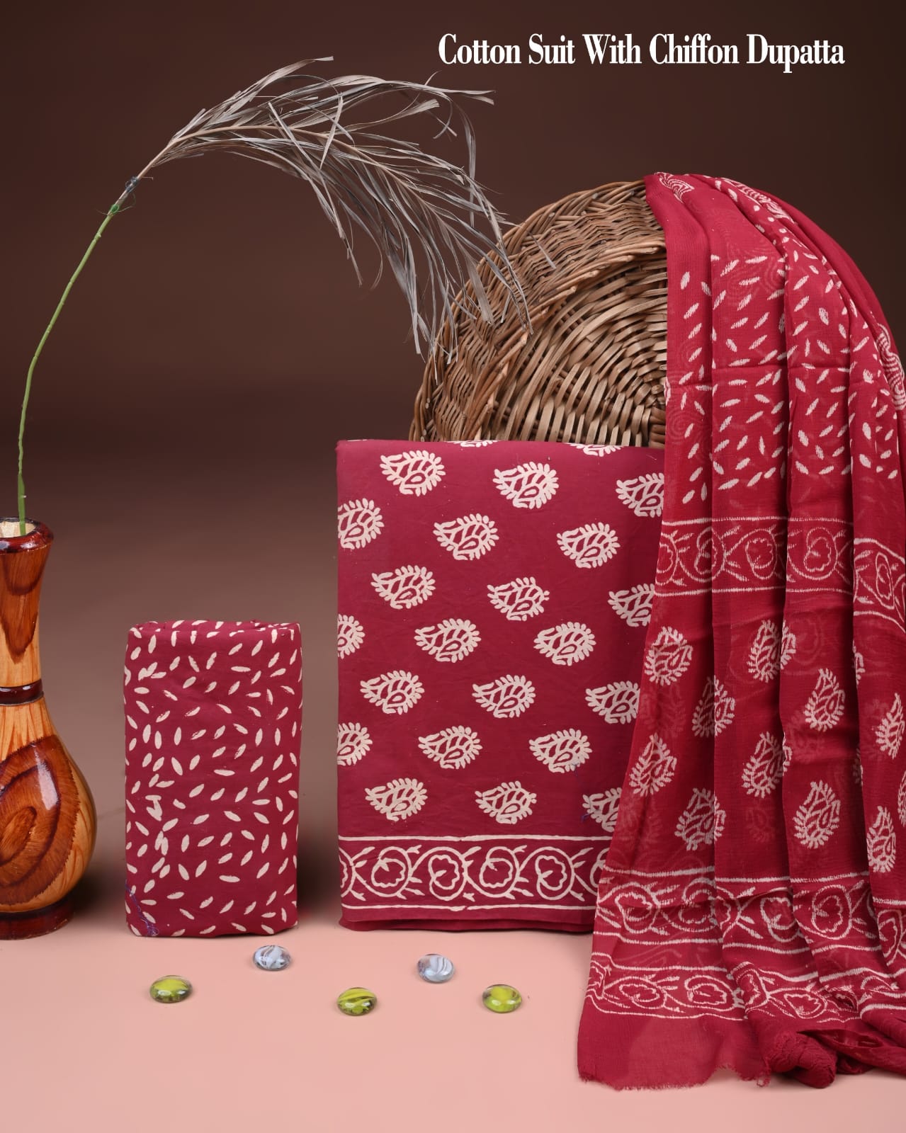 Pure Cotton Hand Block Printed Suit Set With Chiffon Dupatta