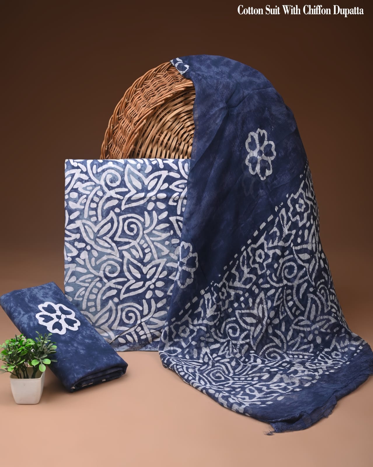 Pure Cotton Hand Block Printed Suit Set With Chiffon Dupatta