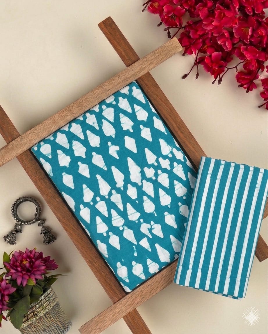 Pure Soft Cotton Handblock Printed 2PC Top-Bottom Suit Set (2.50 Meter Each)
