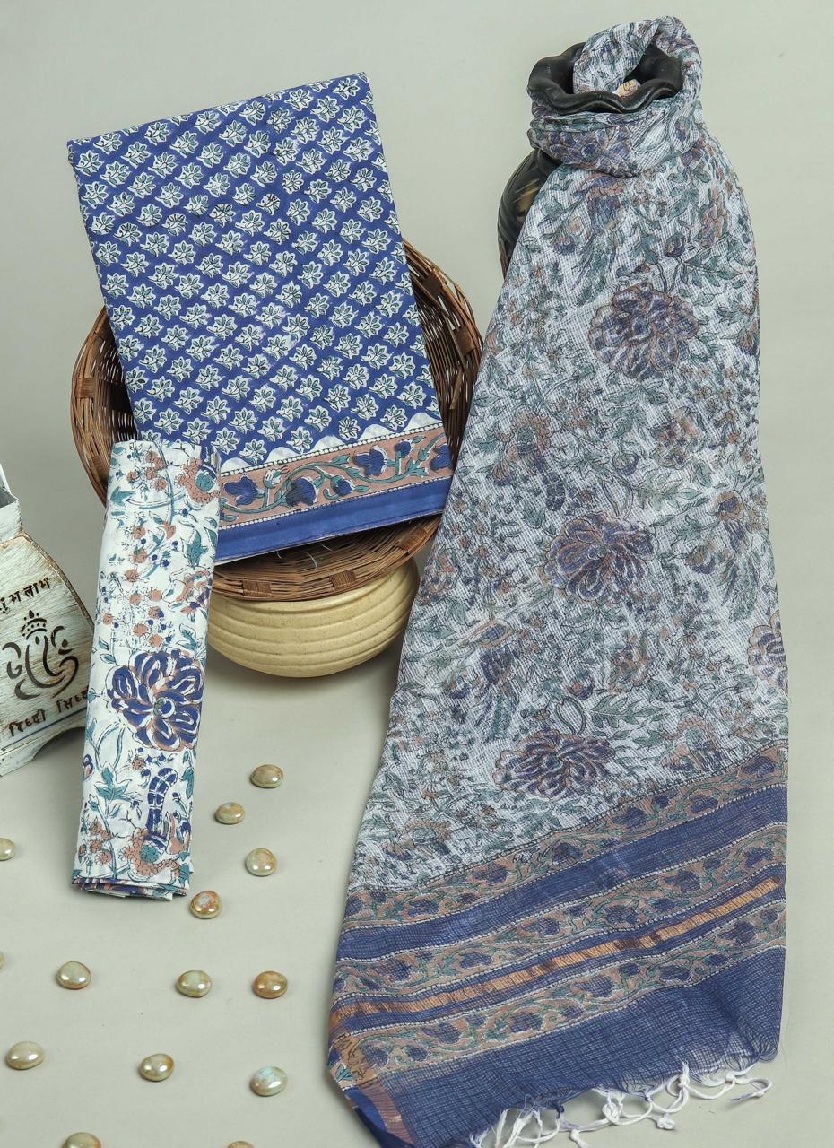 Pure Cotton Hand Block Printed Suit Set With Kota Doria Dupatta