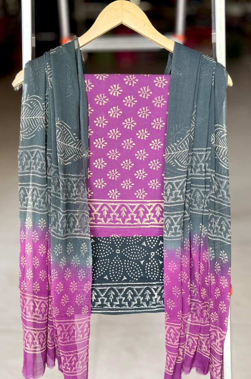 Pure Cotton Hand Block Printed Suit Set With Chiffon Dupatta