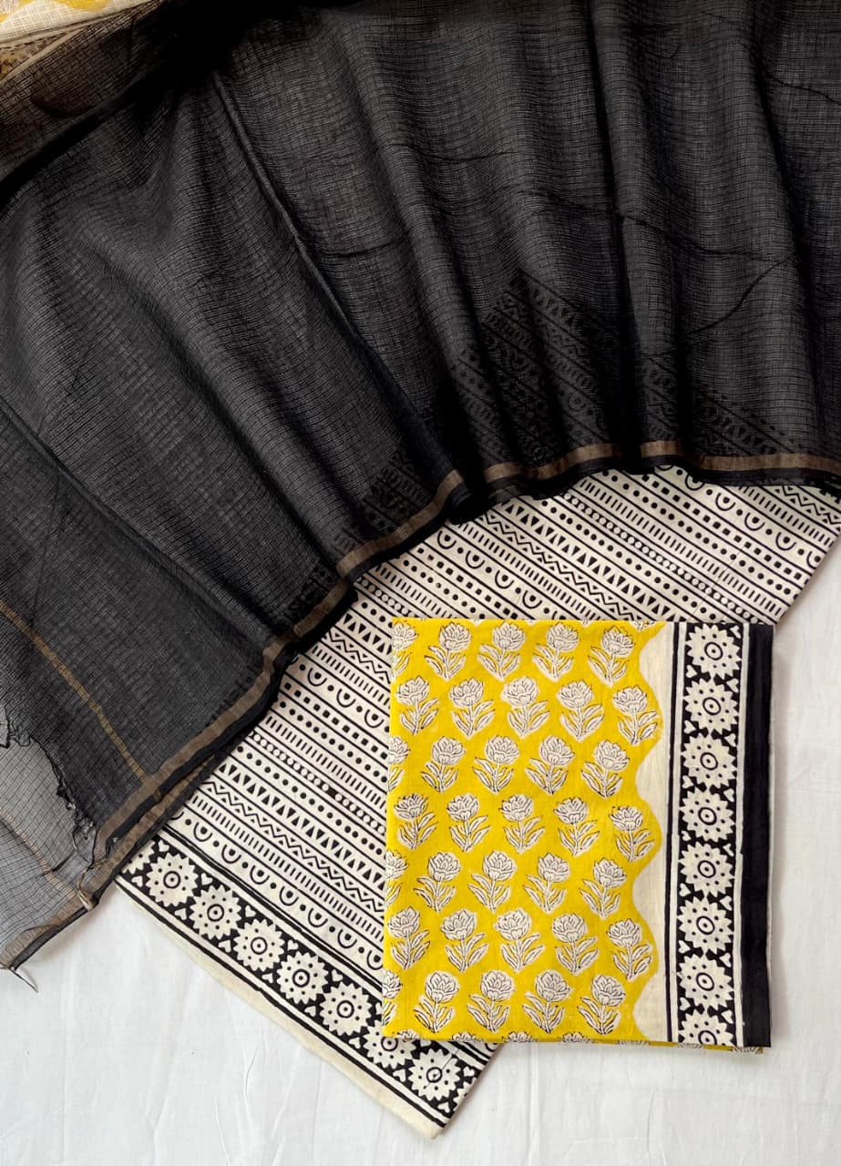 Pure Cotton Hand Block Printed Suit Set With Kota Doria Dupatta