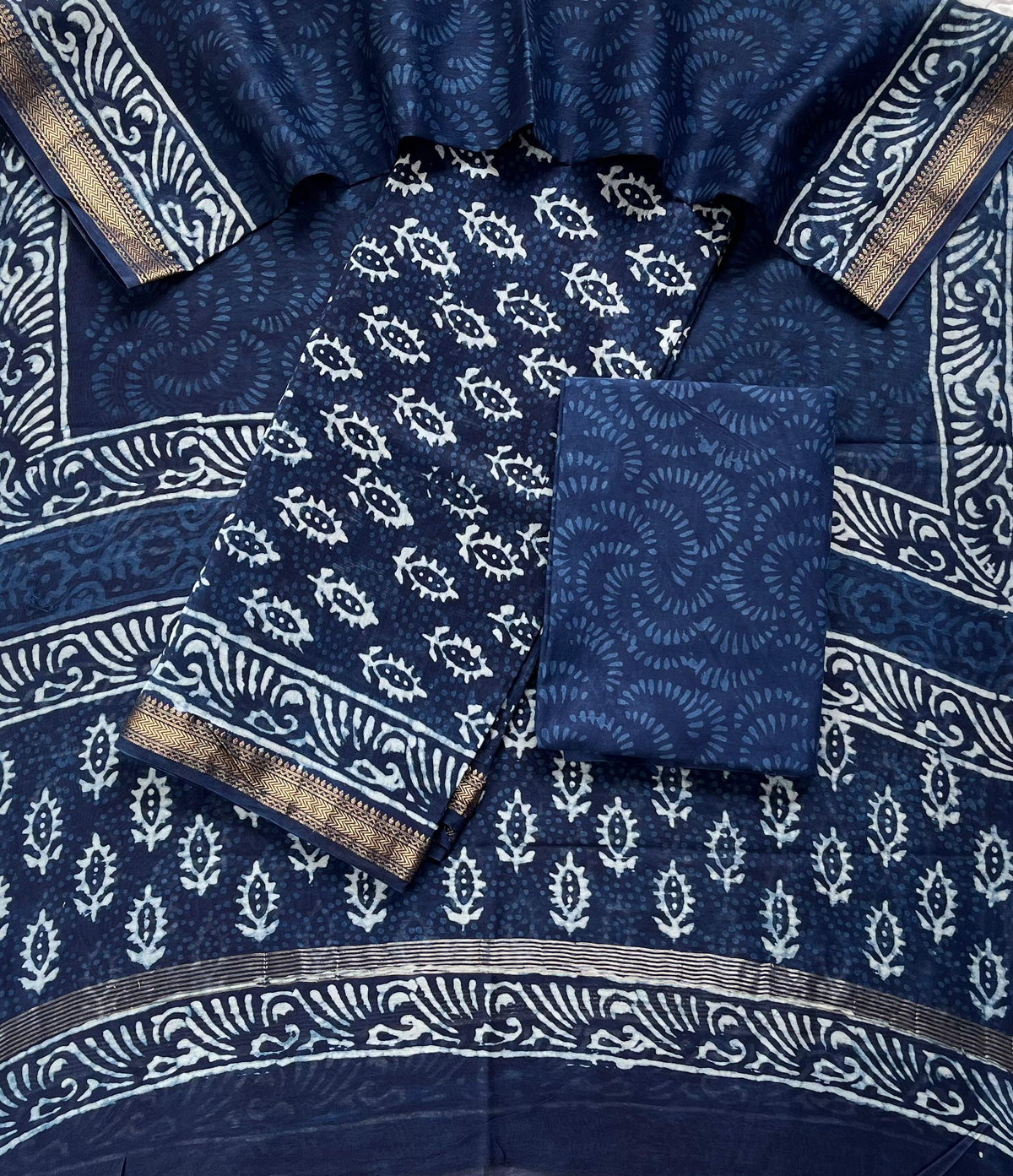 Premium Designer Handblock Printed Maheshwari Silk Suit Set