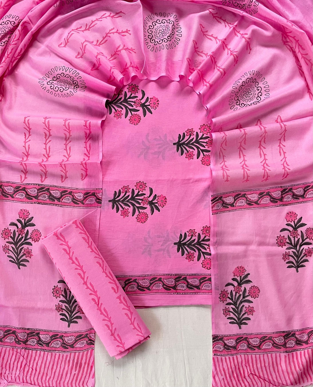 Pure Soft Cotton Hand Block Printed Suit Set With Cotton Dupatta