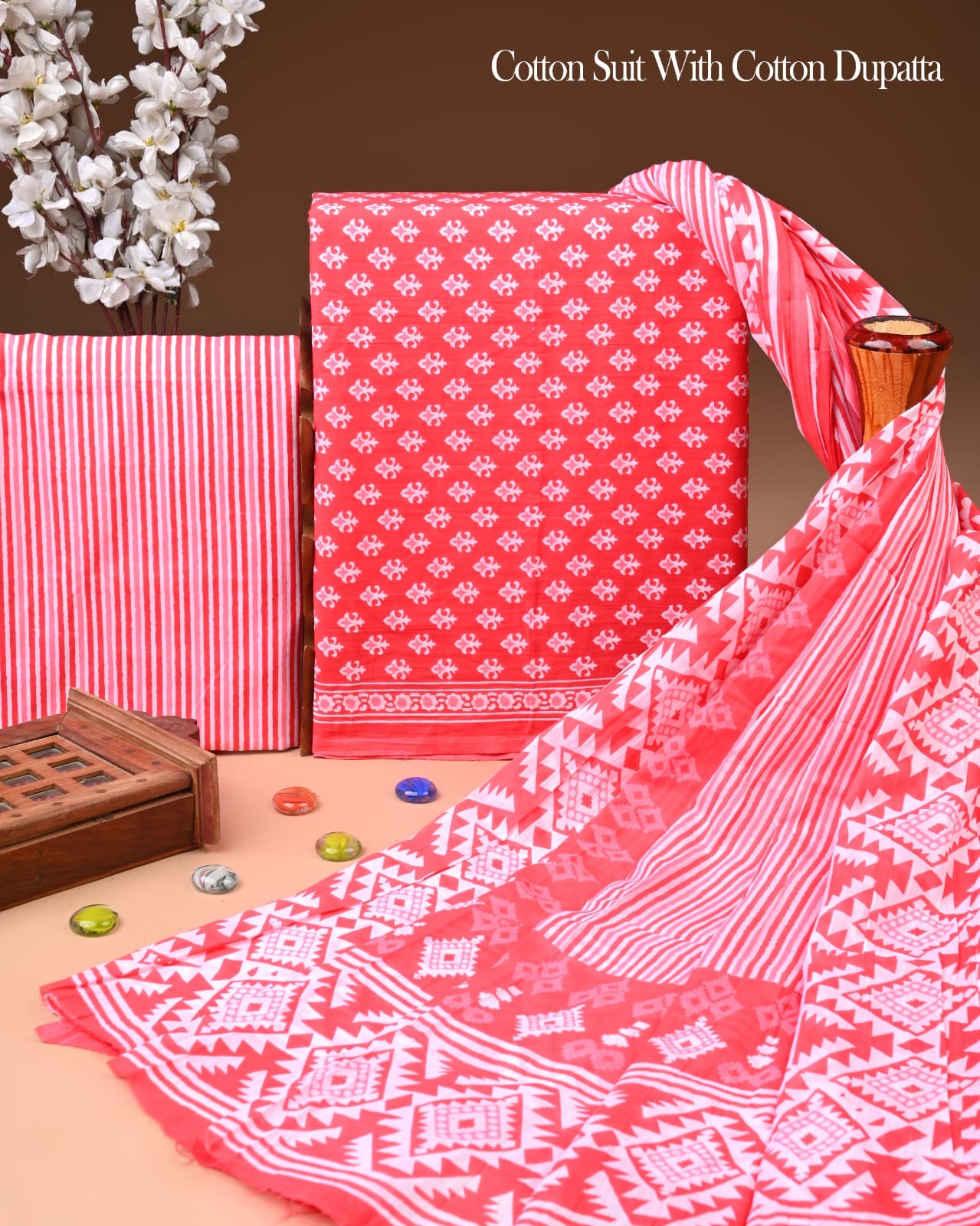 Designer Hand Block Printed Cotton Suit Set With Cotton Dupatta