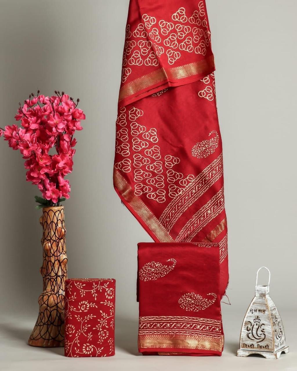 Designer Handblock Printed Maheshwari Silk Suit Set