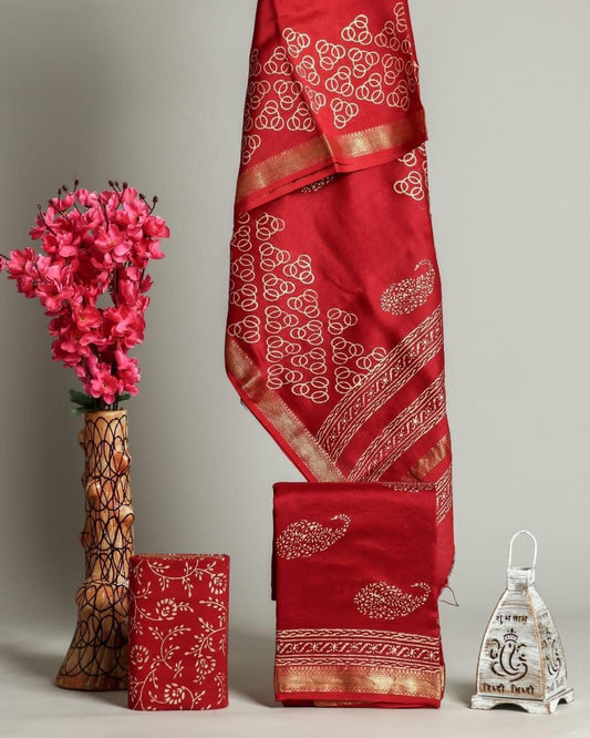 Designer Handblock Printed Maheshwari Silk Suit Set