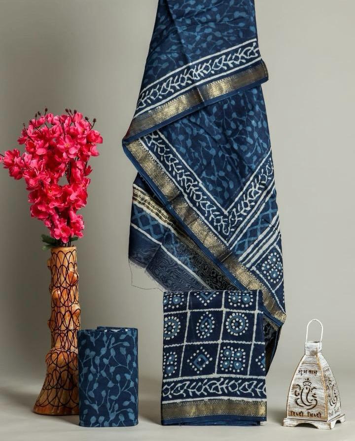 Premium Designer Handblock Printed Maheshwari Silk Suit Set