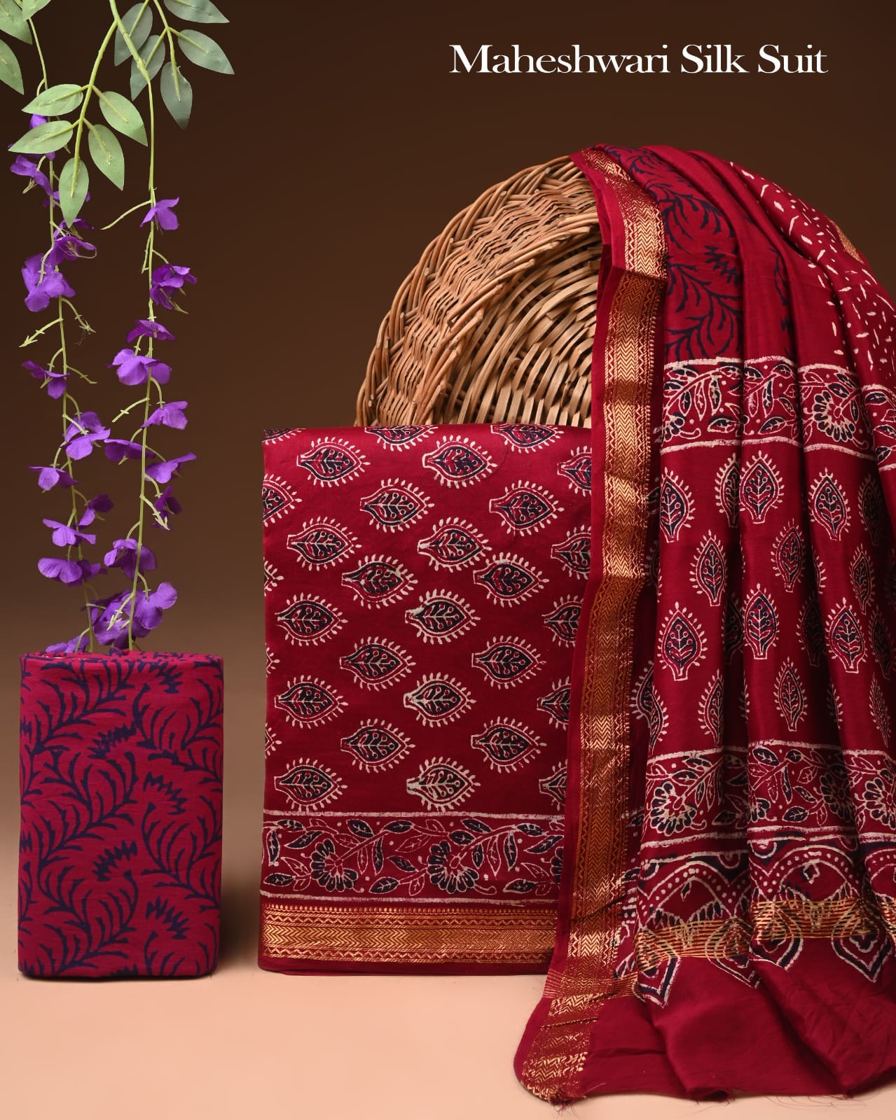 Premium Designer Handblock Printed Maheshwari Silk Suit Set