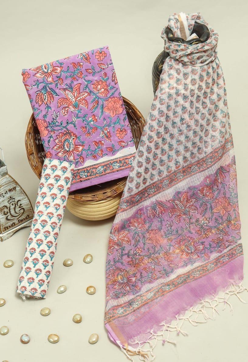 Pure Cotton Hand Block Printed Suit Set With Kota Doria Dupatta