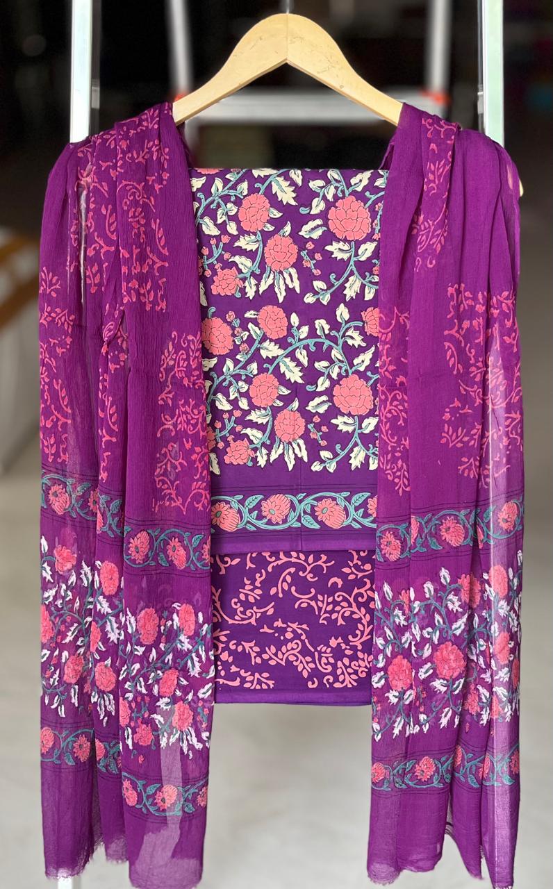Pure Cotton Hand Block Printed Suit Set With Chiffon Dupatta